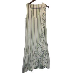 ZARA Dress Small Sleeveless Ruffle Cotton Midi Dress Stripe Cream Green Rustic